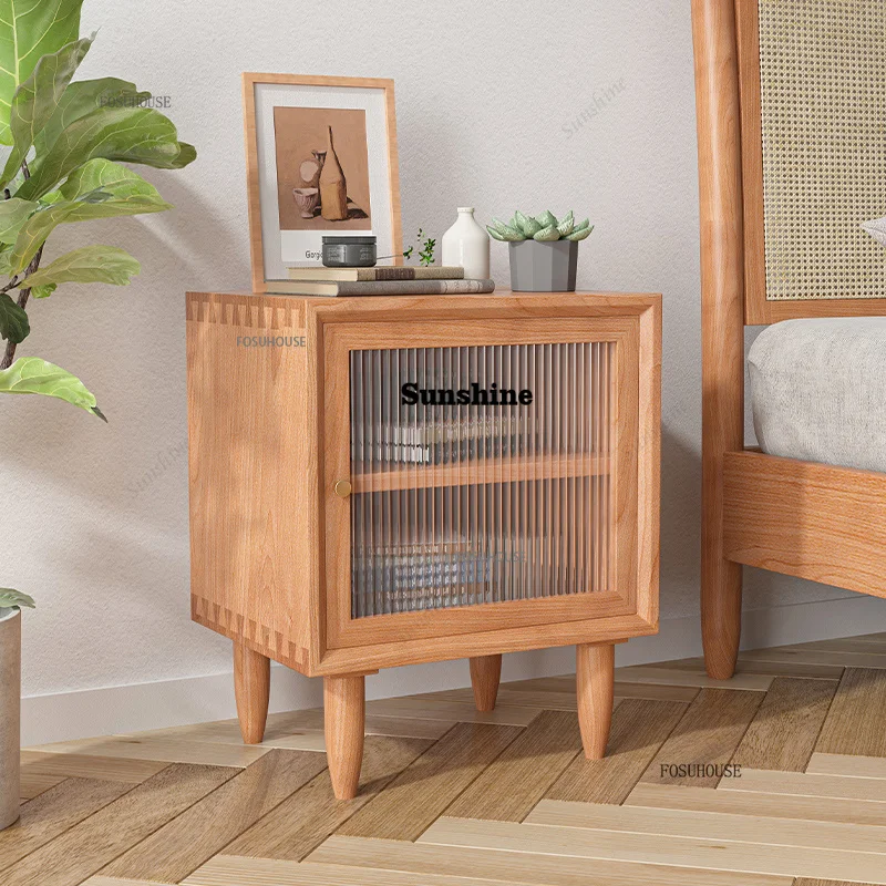 Japanese Style Solid Wood Bedside Table for Bedroom Furniture Simple Rattan Home Nightstands Creative Storage bed side Cabinet