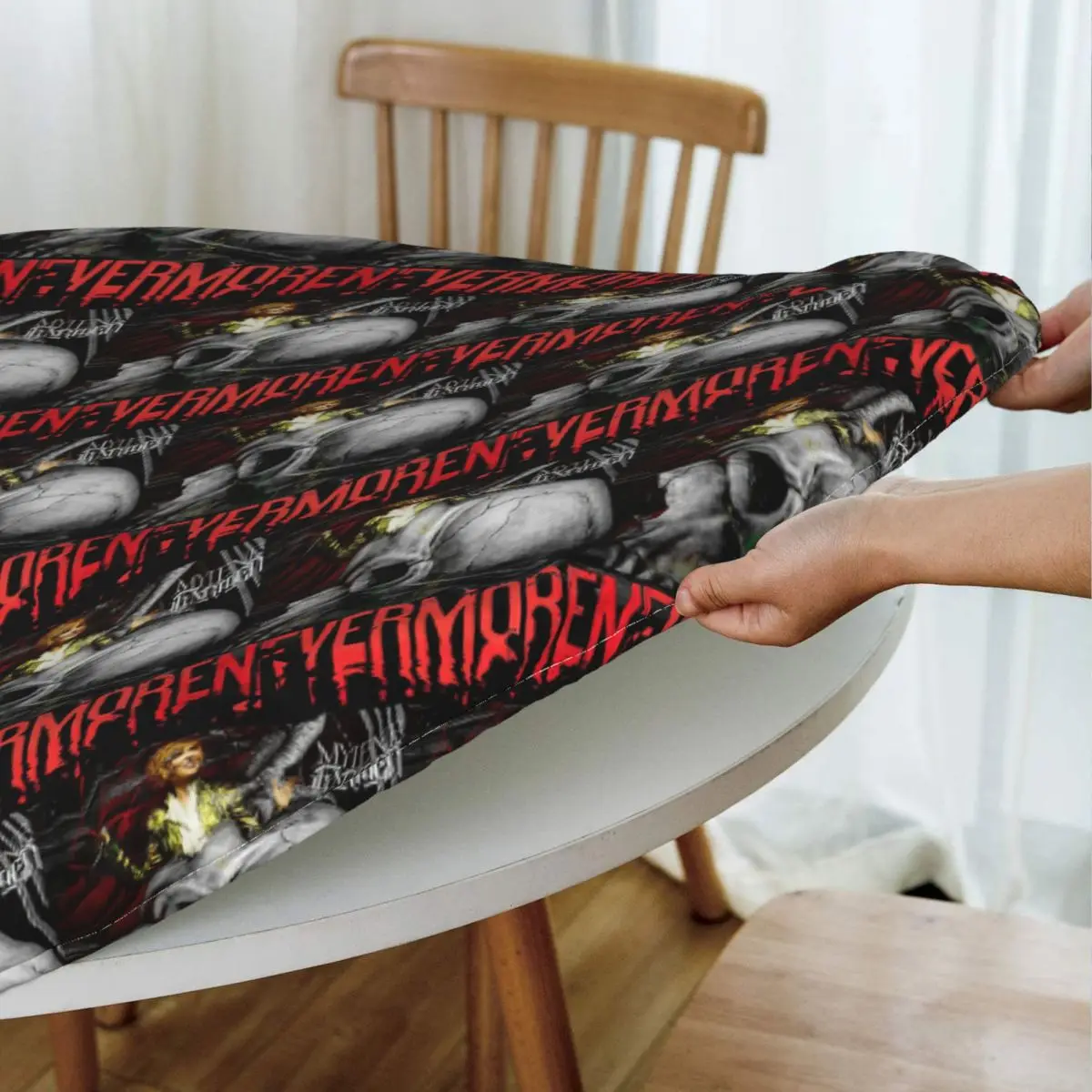 Nevermore Skeleton Mylene Farmer Waterproof Round Tablecloth Oilproof Table Cloth for Kitchen Events Dining Table Cover