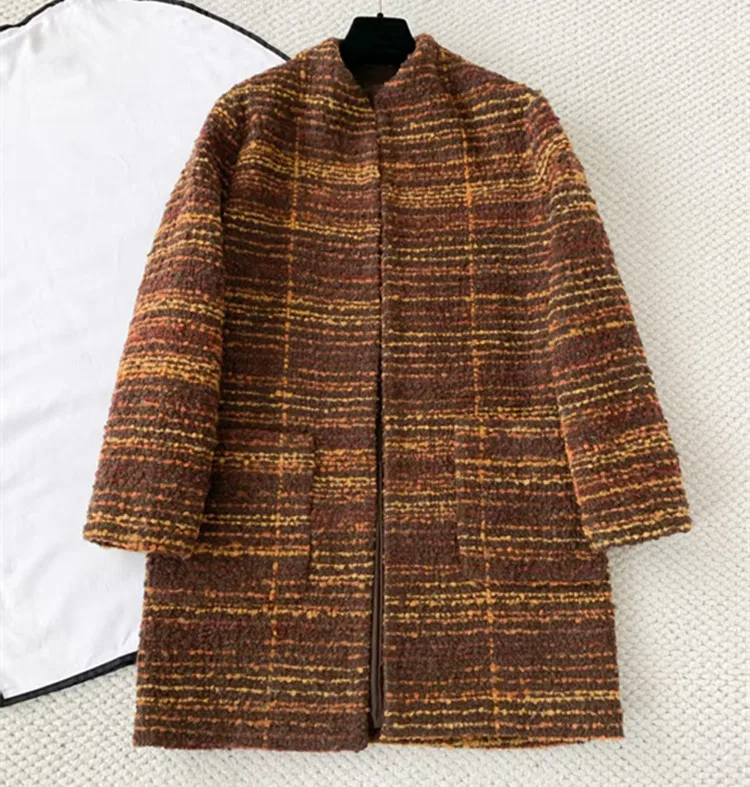 

Женская одежда в европейском стиле по индивидуальному заказу, зима 2026, новые поступления, комплект пальто из смеси мохера в полоску с длинными рукавами