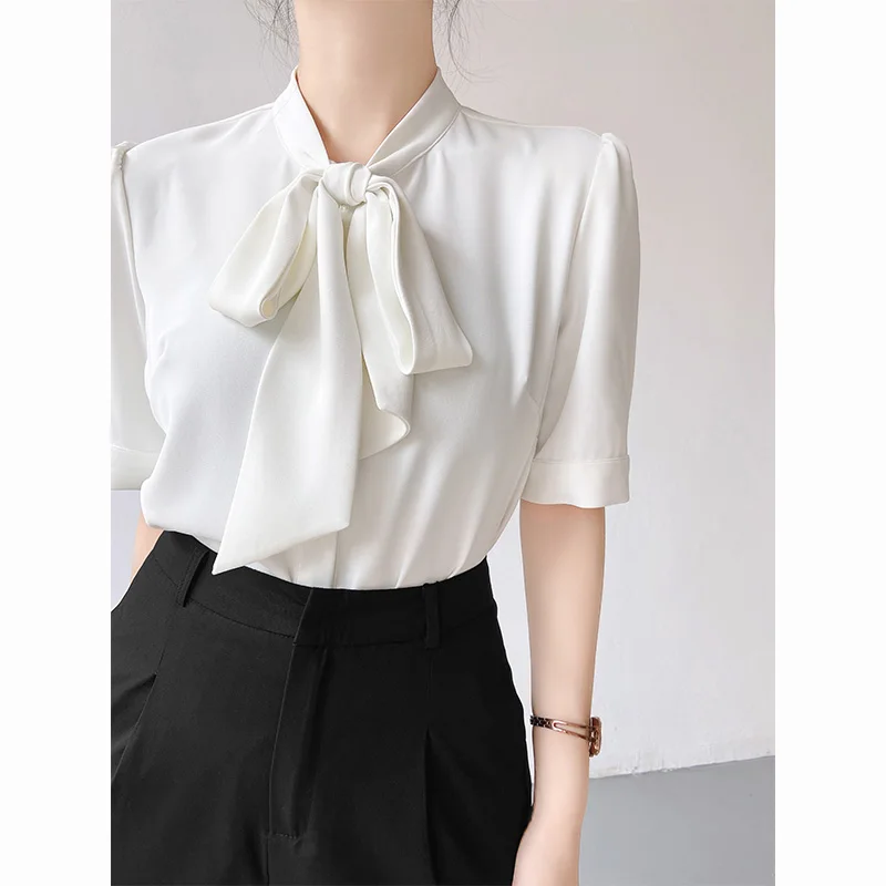 

Women Bow Short Sleeve Solid Blouses Summer Chiffon Loose Casual Elegant Shirt Office Lady Fashion Simple Tops