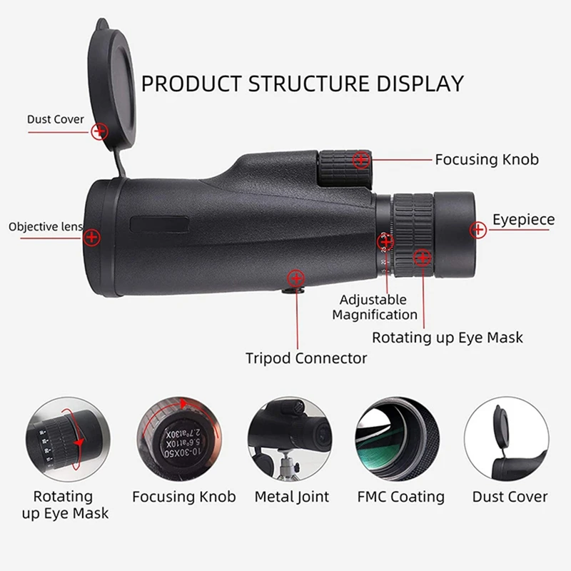 10-30X50 Powerful Monocular BKA4/FCM Long Range Pocket Spotting Zooming Telescope Eyeglass For Camping Tourism