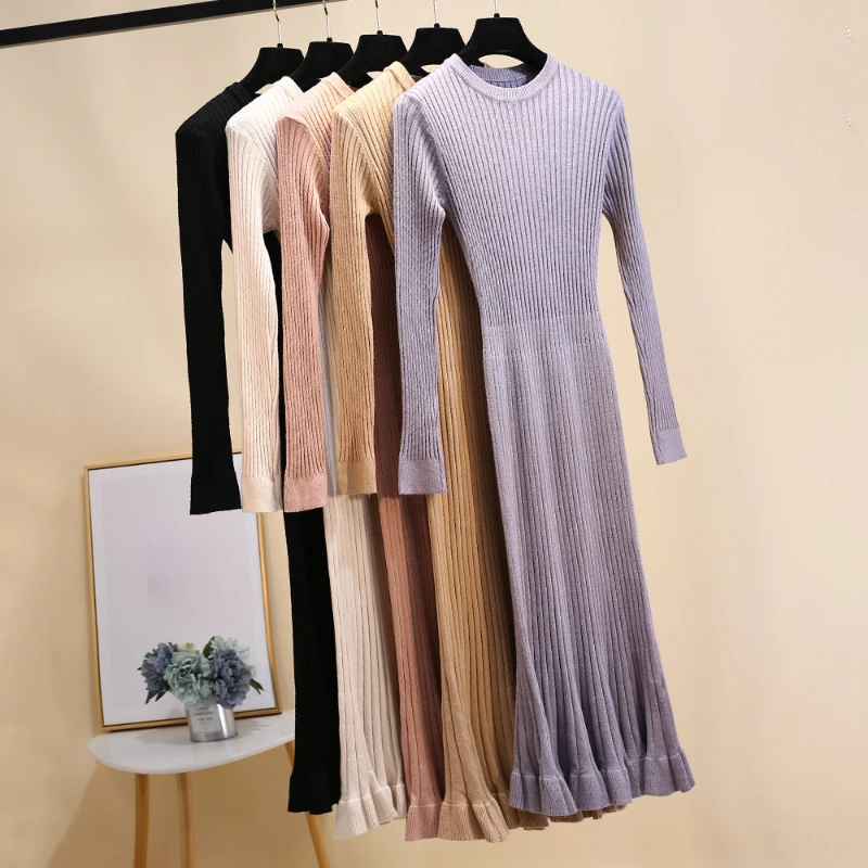 Ribbed-knit Jersey Dress Long Sleeve Ruffle Hem Solid Color Crew Neck Sweater Dress 2024 Knitwear Autumn/Winter Woman Clothing