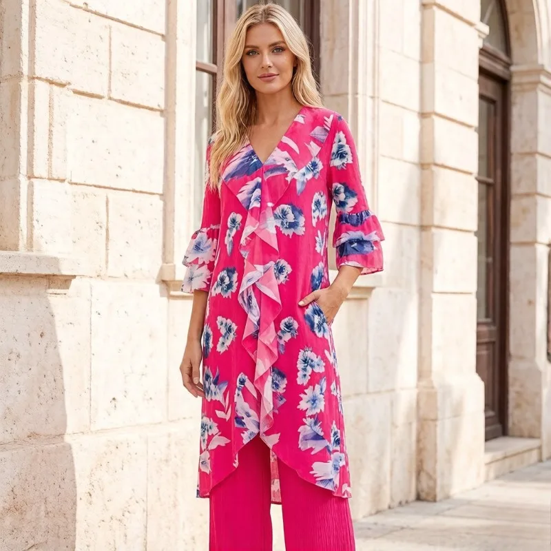 

Miyake Pleated 2026 Spring/Summer New Fashion Pleated Set Printed Casual Stylish V-Neck Cardigan Wide-Leg Pants Two-Piece Set