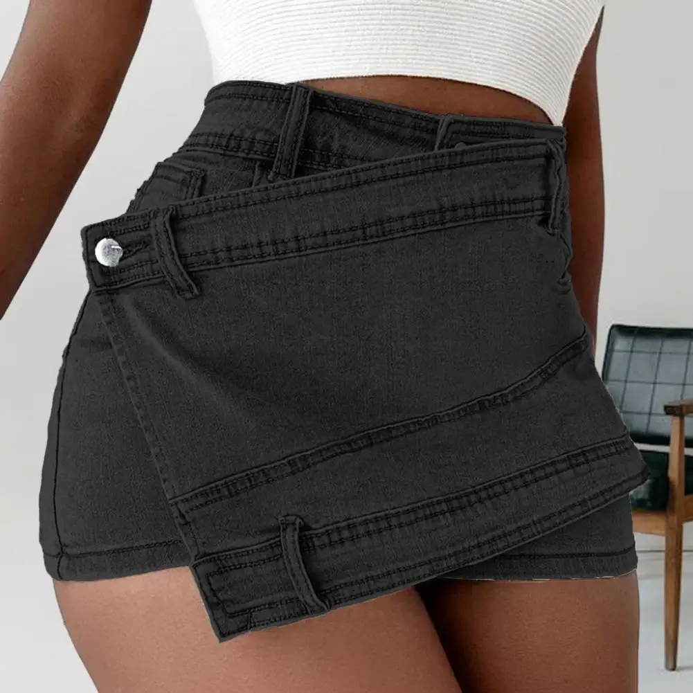 

Women Fashion Denim Mini Skort Rave Street Wrap Stretch Irregular A-Line Skinny Cargo Jean Shorts Mujer