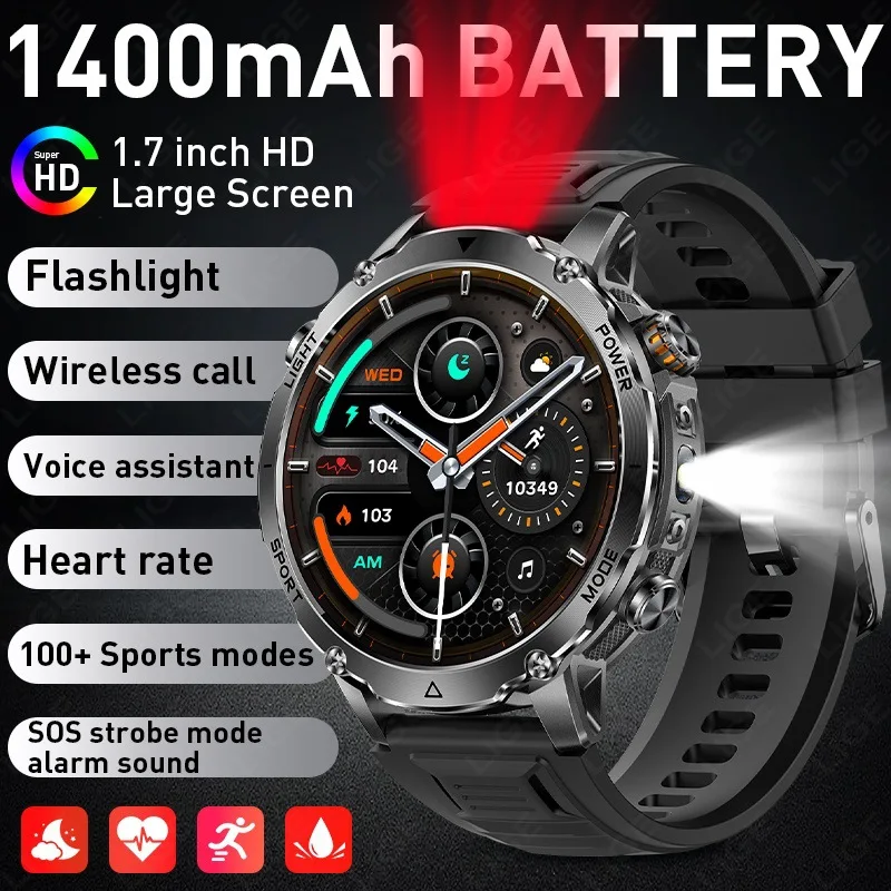 AK106 cross-border smartwatch 1400mAh large battery Bluetooth call true heart rate step counting sleep flashlight male