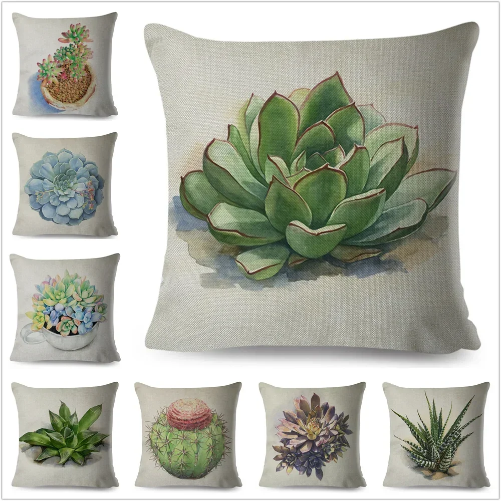 1pcs /SET  Watercolor Succulent Plants Pillow Case Linen 45x45CM Decor Cartoon Cactus Cushion Cover for Car Sofa Pillowcase