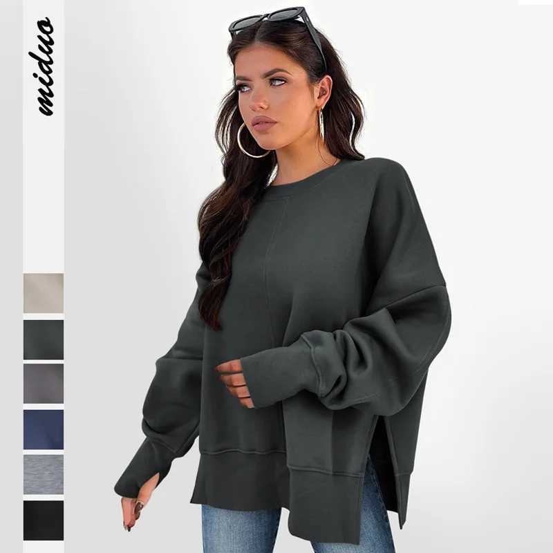 

Retro Simple O-neck Hoodie Spring and Autumn Women's Casual Loose Solid Color Patchwork Finger Long Sleeved Side Slit T-shirt