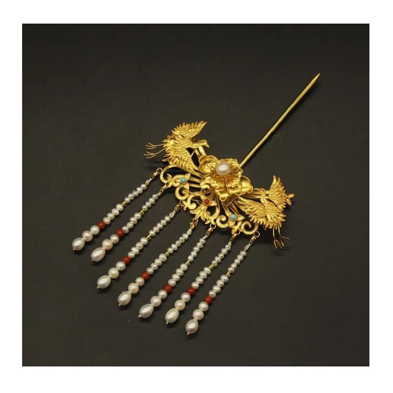 

Pure Copper Gold-plated Crane Fringed Hairpin Pearl Fringed Hanfu Ancient Clothing Headgear Ethnic Style Accessories