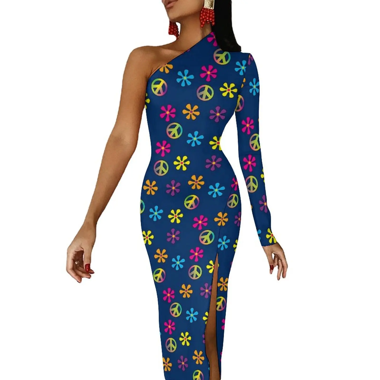 Groovy Hippie Peace Maxi Dress Long Sleeve Flower Print Party Bodycon Dresses Spring Sexy Dress Ladies Custom Clothing