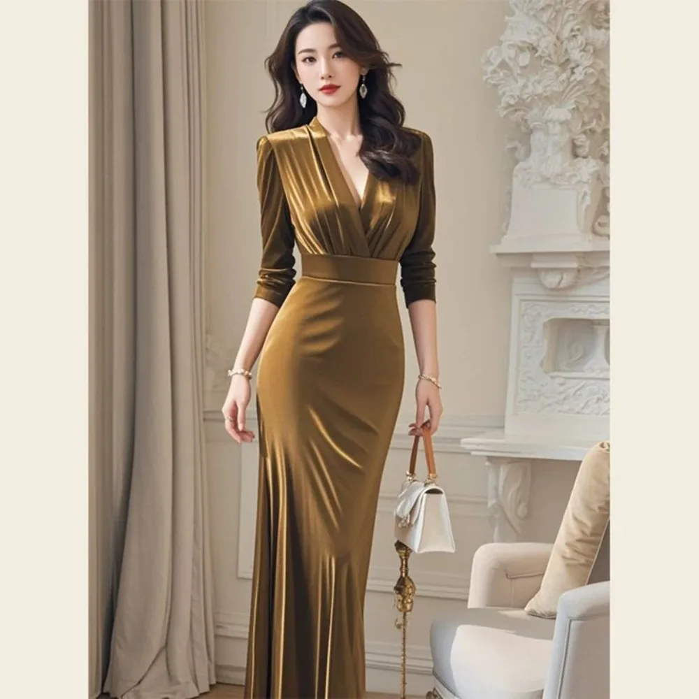 ‌ فستان على الطراز الفرنسي - ذهبي رمادي داكن فاخر، فستان سهرة أنيق، فساتين حفلات أنيقة بأكمام طويلة