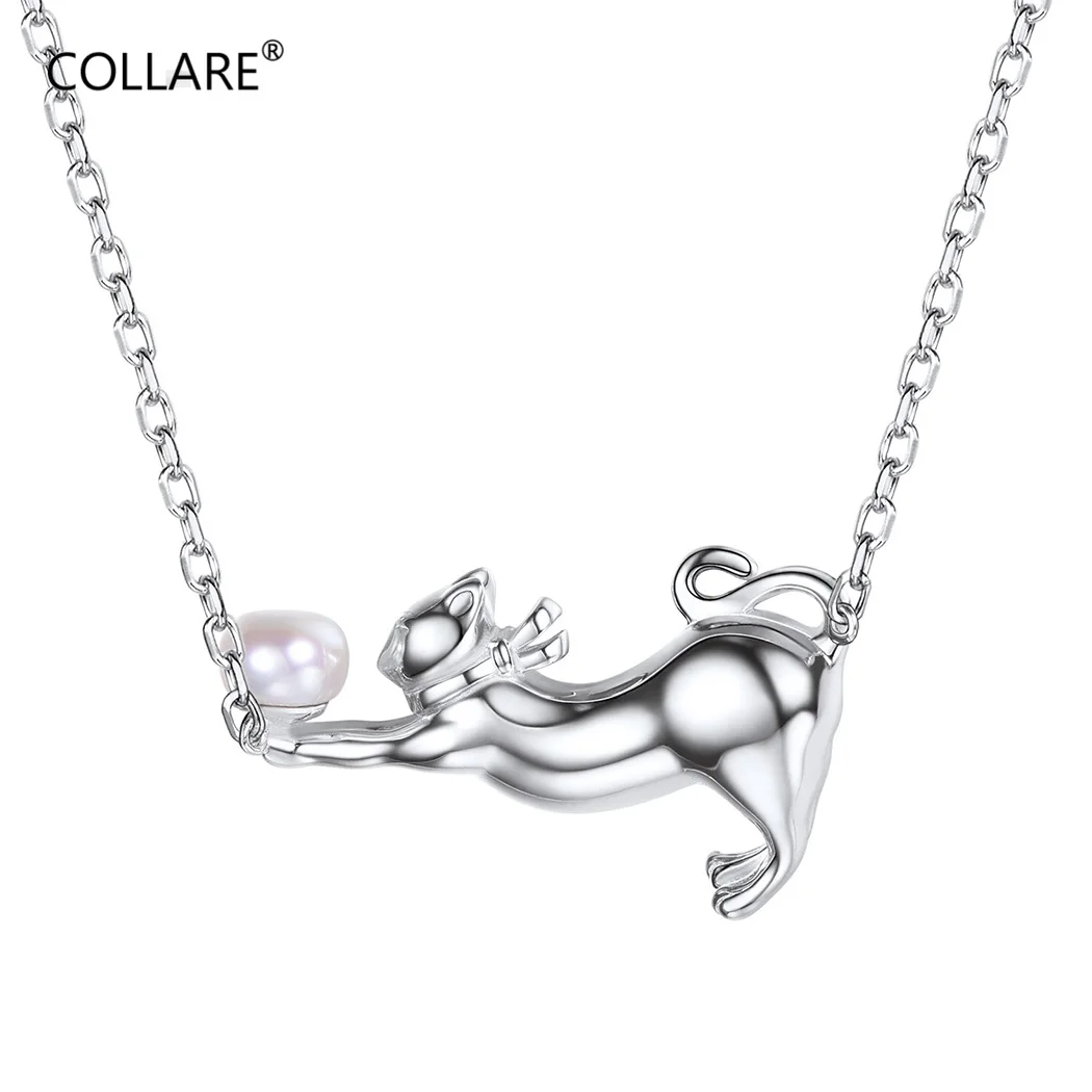 

ChainsPro 925 Sterling Silver Cat Pendant Cute Animal Jewelry Girl's Dainty Gift Freshwater Pearls Necklace Women P627