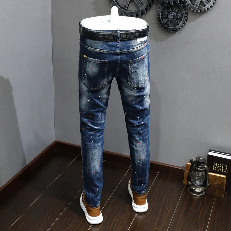 Fashion Vintage Men Jeans Retro Blue Elastic Slim Painted Ripped Jeans Men Embroidery Designer Hip Hop Denim Pencil Pants Hombre