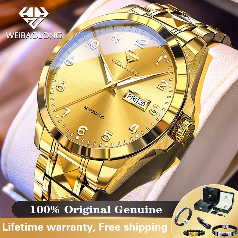 WEIBAOLONG Mens Watch Diving Automatic Mechanical Watch 50M Waterproof Week Date Watch for Man Real Gold Luxury Business Reloj