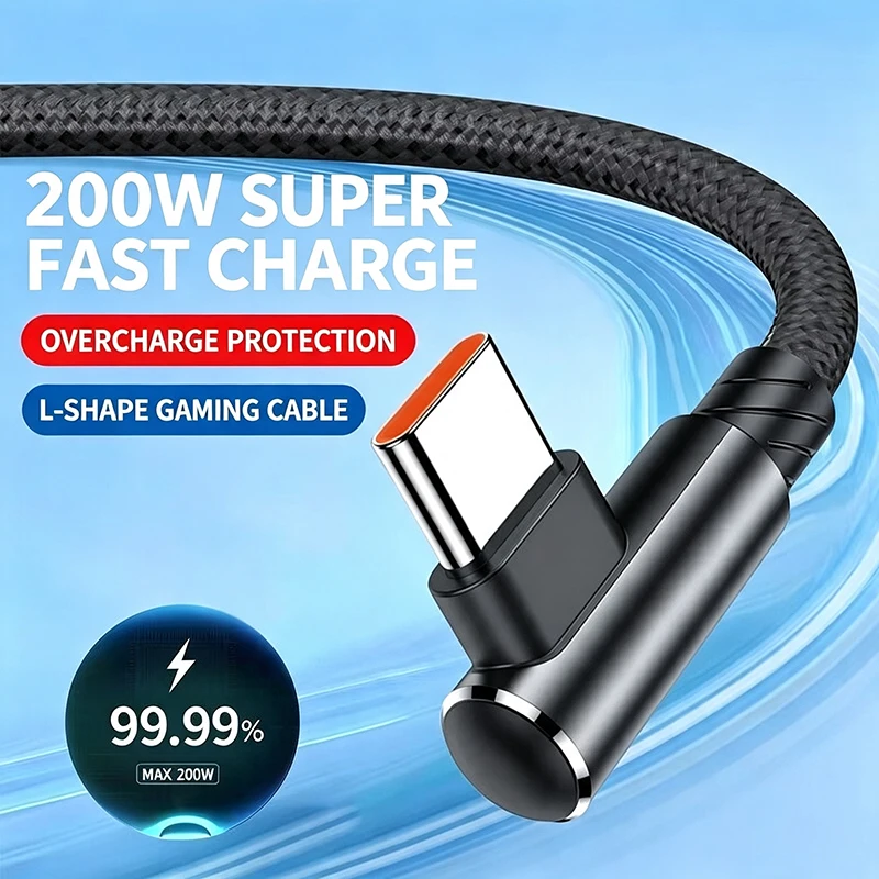 200W 6A USB To Type-C Cable 90 Degree Elbow Mobile Phone USB C Fast Charging For Huawei Xiaomi Samsung Phone Charging Cord