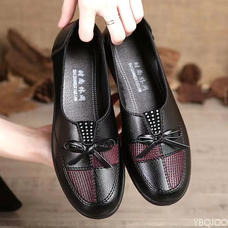 New Spring Autumn Casual Comfortable Soft soled Women's Flats Bottom Wear resistant Waterproof Bow Work Shoes