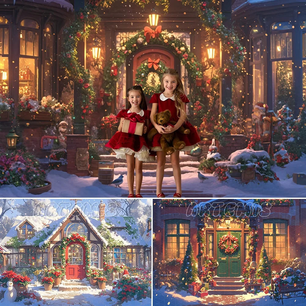 

Christmas Photography Backdrop Christmas Tree Decorat Frames Flowers Wreaths Elegant Lanterns Background Photo Studio Photocall