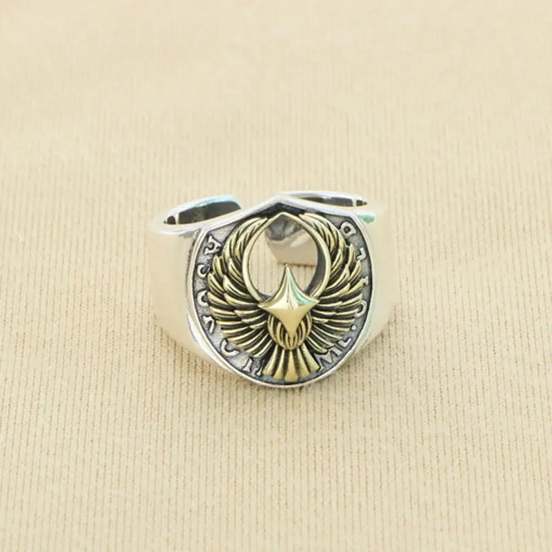 

S925 sterling silver gold head eagle ring hip hop punk style men's single ring domineering flying eagle spread wings open ring