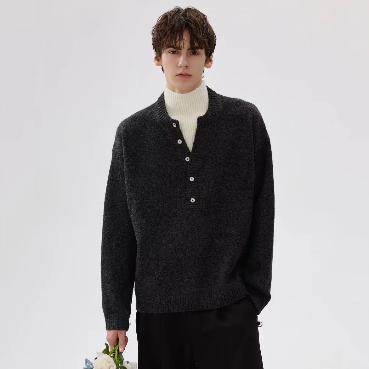 Autumn Winter Fake Two-Piece Mock Neck Button Knit Sweater Men's Premium Streetwear Casual Top