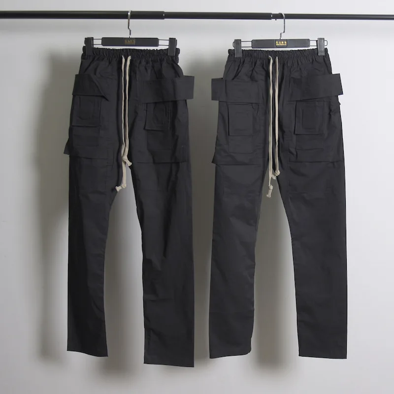 High Street Men's Casual Pants Pockets Design Cargo Pants Cotton Full Length Drawstring Techwear Men's Clothing