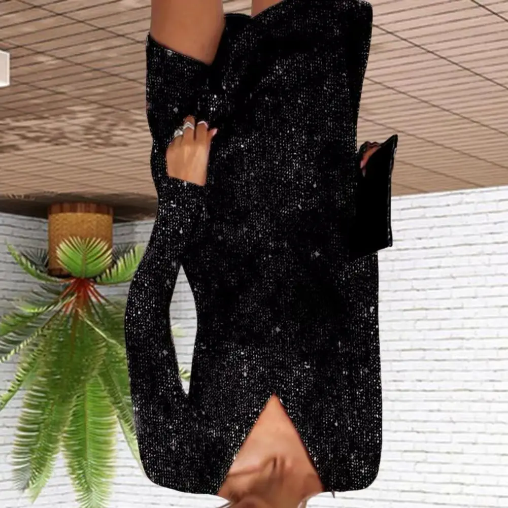 

Women Sequin Dress Women Dress Women Sequin Evening Dress V Neck Loose Fit Long Sleeves Party Spring Autumn Above Knee Length