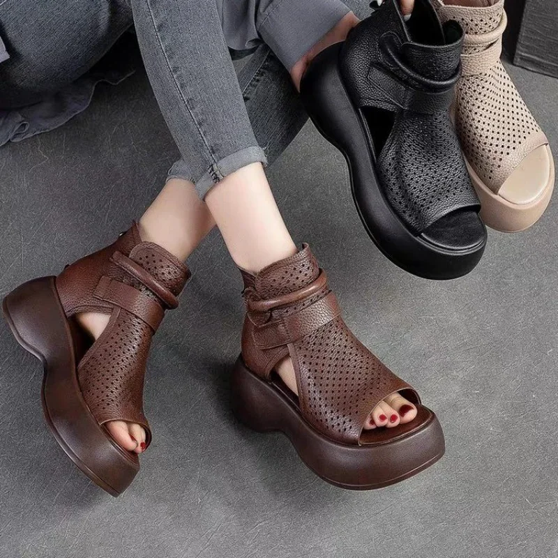 Summer New Hollow Breathable Hole Shoes Thick Sole  Genuine Leather Fish Mouth Hook & Loop Retro Comfortable Women Sandals