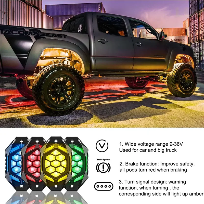 4/8 In 1 Car Chassis Light RGB LED Light Rock Lights with APP / Remote Control & Music Mode for Pickup Off Road Jeep SUV ATV UTV