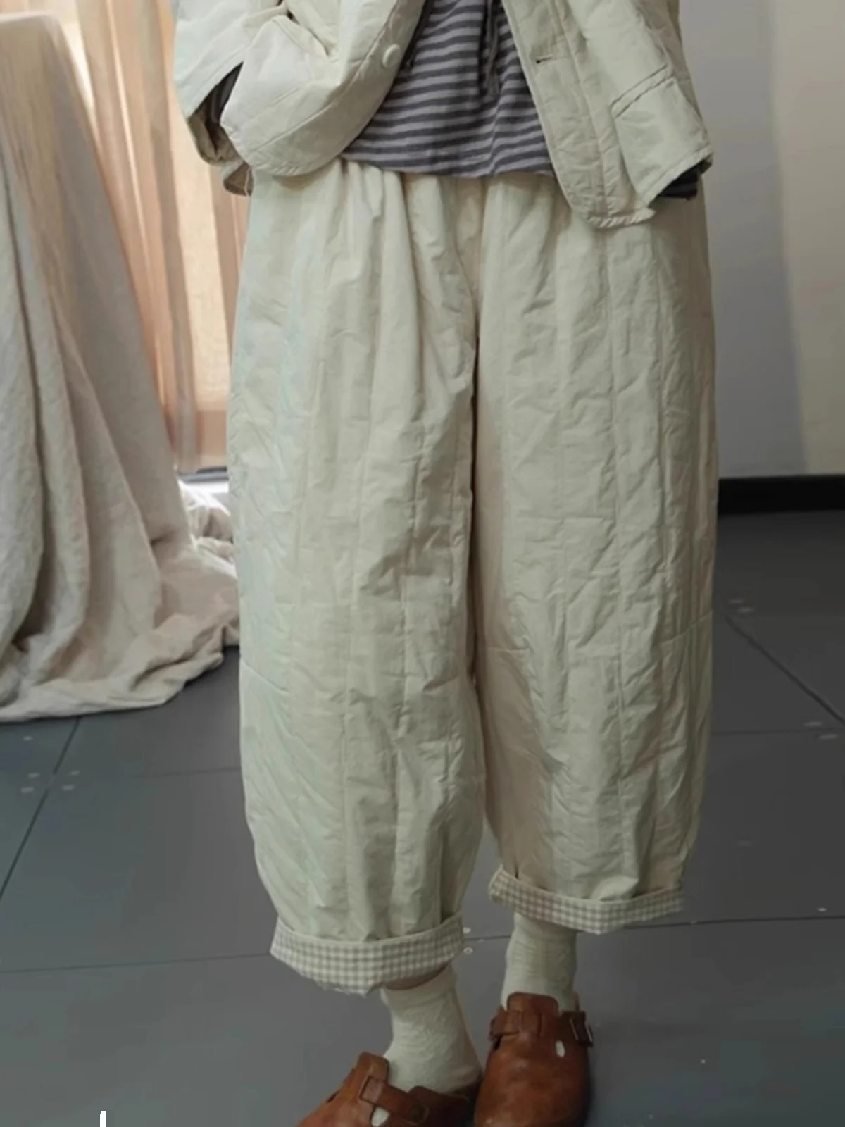 Women's Faionable Lightweight Loose down Straight Leg Cotton Pants Long Trousers Winter Simple mat Sle