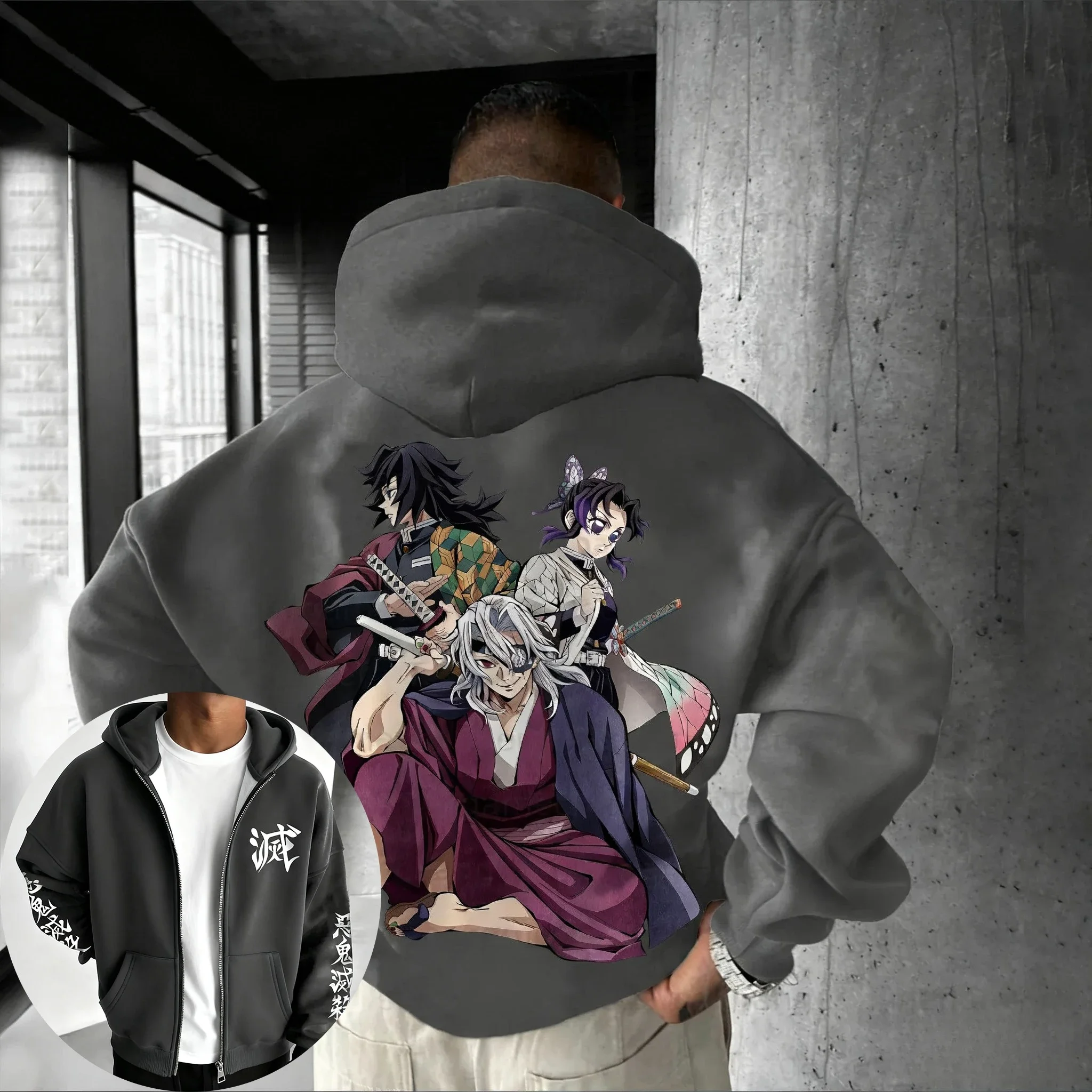 شيطان القاتل أنيمي تنوعا قلنسوة بسحاب 2025 الرجال والنساء الخريف/الشتاء جديد الأمريكية العصرية سترة فضفاضة غير رسمية