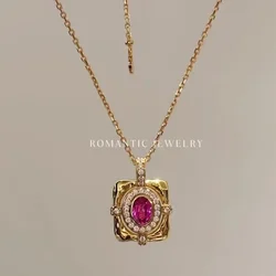 Vintage Court Style Square Necklaces Ruby Light Luxury Red Choker Pendant High Quality Collar Chain Wedding Jewelry Women
