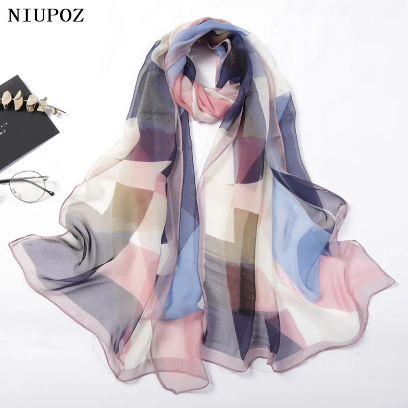 Kobiety Foulard Kolorowy Geometryczny Elegancki Szyfonowy Georgette Bandana Szalik Letnia Plaża Jedwabne Czucie Podróży Ochrona Przed Słońcem Cienki