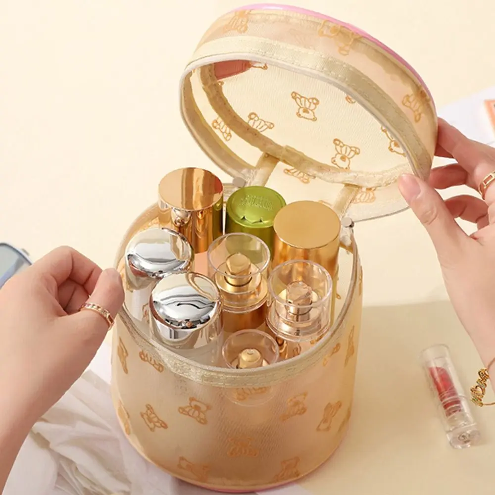 Portable Pink Beige Mesh Cosmetic Bag Gauze Cartoon Bear Toiletries Bag Large Capacity Storage Bag Travel Outdoor