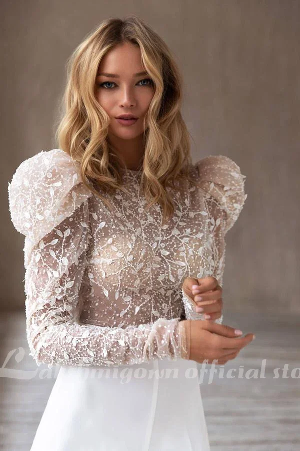 New Wedding Jumpsuit Boho Wedding Dresses Jewel Neck Lace Appliques Bohemian Wedding Dress Long Sleeve Pants Suit Robes De Marié