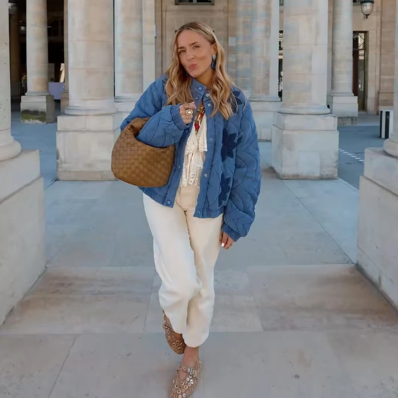 Trend Spring Autumn Jackets Embroidery Cotton Coat Stand-up Collar Single-breasted Long Sleeves Short Tops Lightweight Outerwear