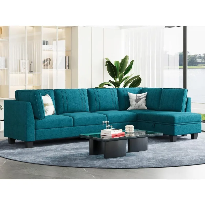 4 Seater Sectional Sofa with Reversible Chaise, L Shaped Sofa Sectional Couch with Convertible Storage Ottoman Peacock B