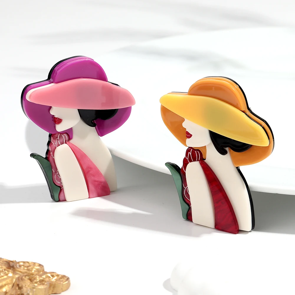 

New Trendy Hat Lady Resin Brooches for Women Acrylic Fashion Girl Figure Badge Pins Office Jewelry Clothes Bag Accessories Gifts