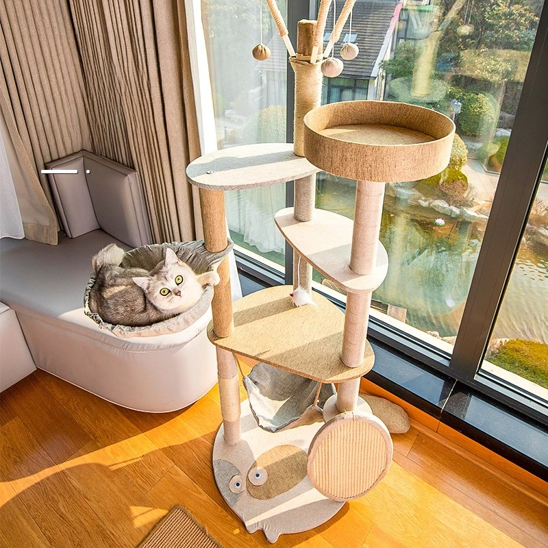

Wooden Large Cat Tree All-in-One Cat Tower with Scratching Post Jumping Platform Sisal-Covered Interactive Play Furniture