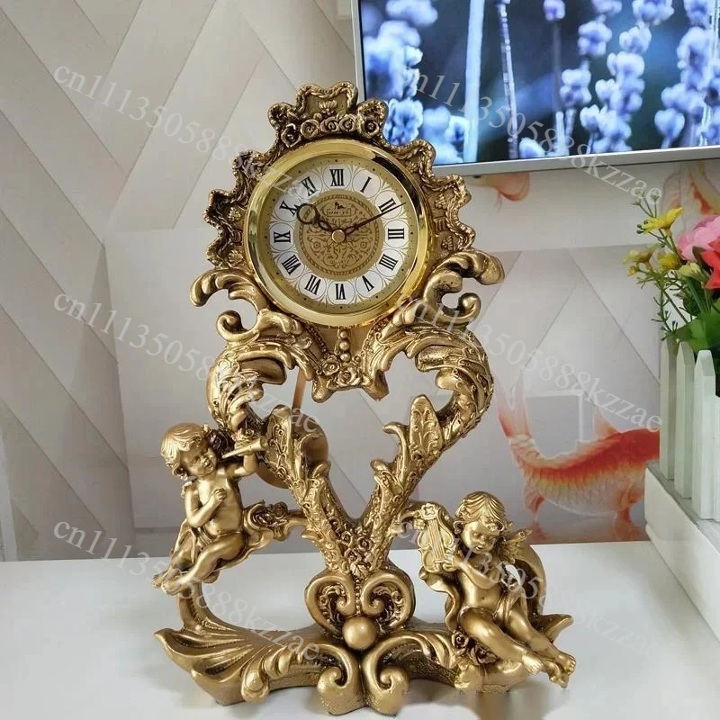 European Luxury Table Clock Antique Bronze Angel Desk Clocks Roman Column Pendulum Clock Study Attracting Wealth Retro Decor