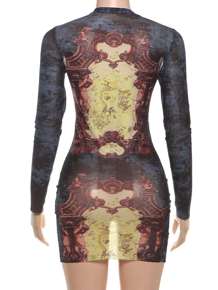 فستان نسائي غريب شفاف من خلال الطباعة برقبة دائرية وأكمام طويلة على شكل خوخ هيب محب للشارع ملابس نوادي ضيقة قابلة للتمدد