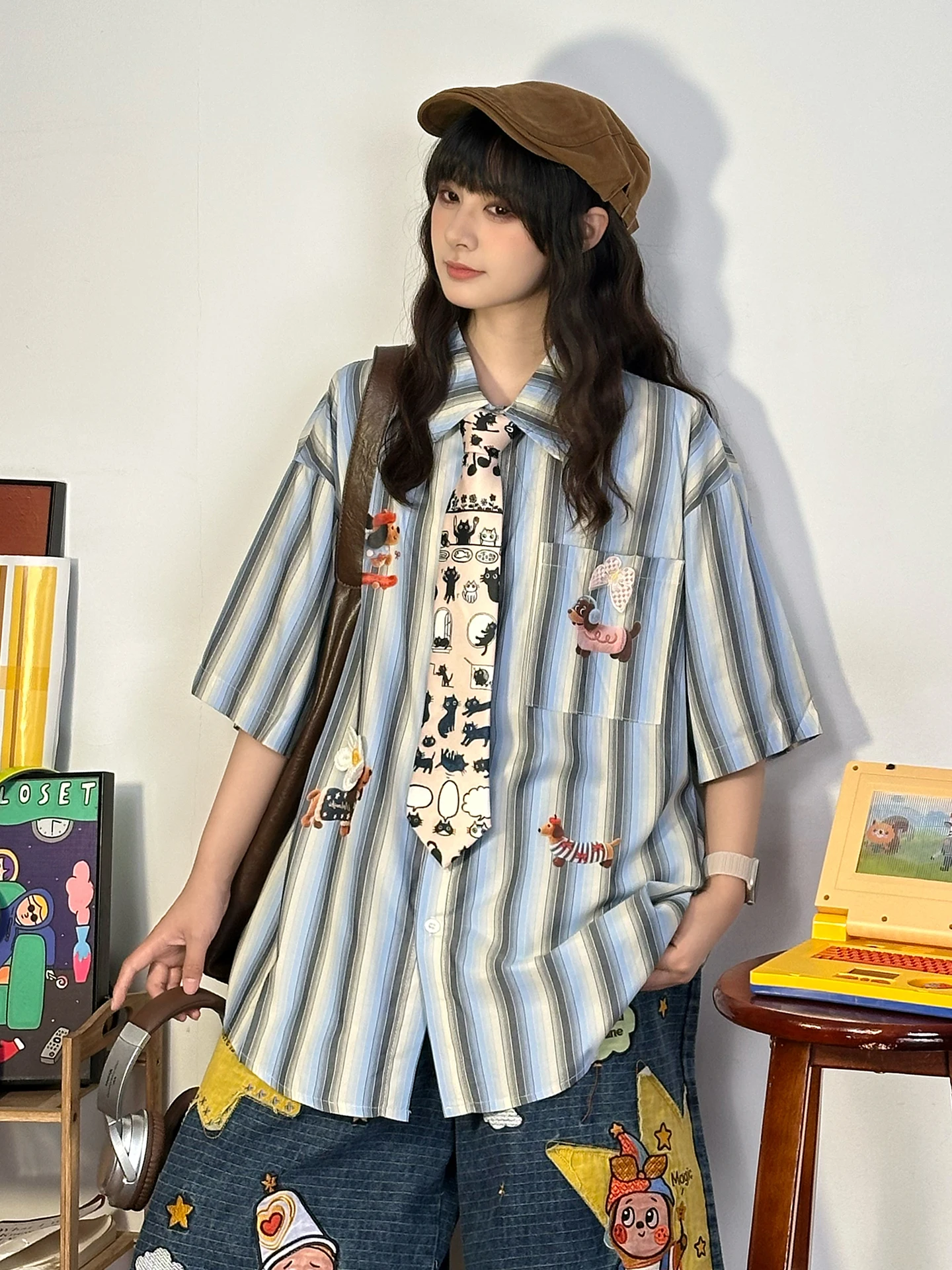 

Retro American Lazy Style Loose Fit Women's Short Sleeve Striped Embroidered Shirt Breathable Cotton Summer Top Trendy Casual...