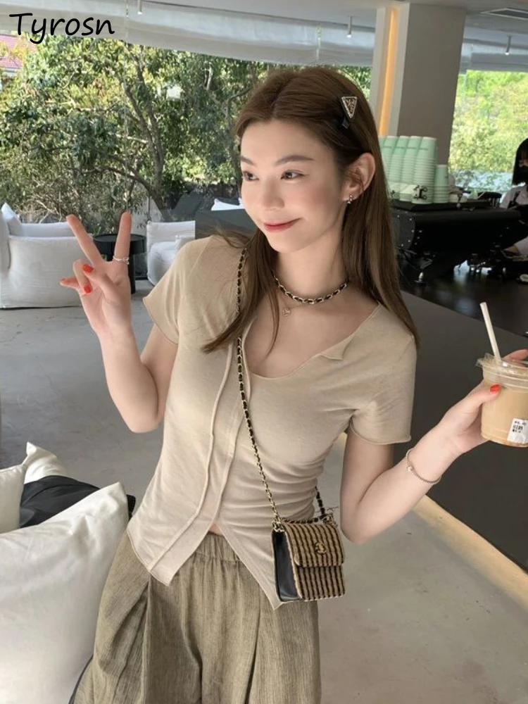 

T-shirts Women Summer All-match Solid Basic Comfortable Design Asymmetrical Leisure Simple Korean Style Elegant Ladies Chic New