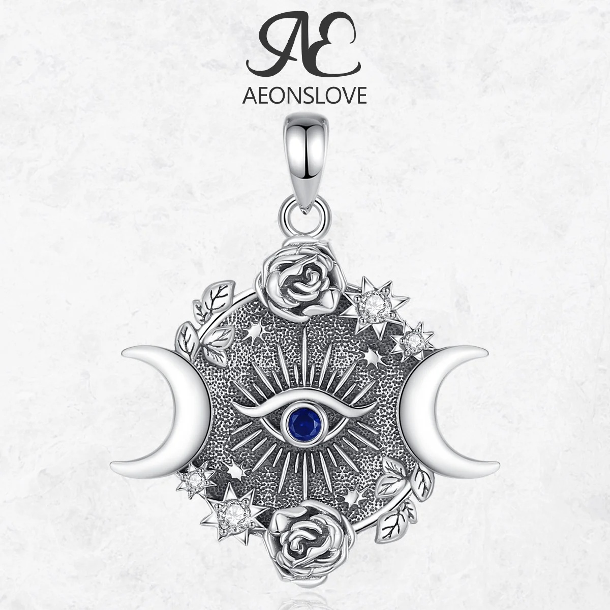 AEONSLOVE 925 Sterling Silver Triple Moon Goddess Necklace Vintage Evil Eye Rose Crescent Pendant Witch Pagan Jewelry for Women