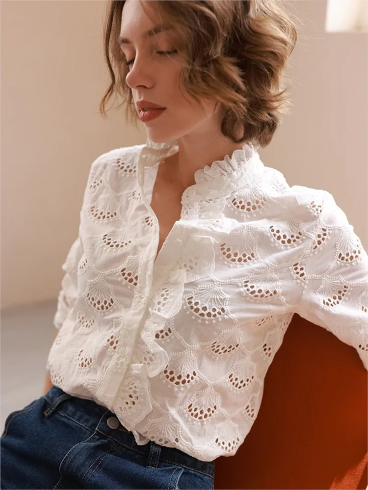 Embroidery Chic Blouse Women Rufflled Neck Long Sleeve Button Hollow Out Shirts Spring Vintage Retro vêtements femme 2022