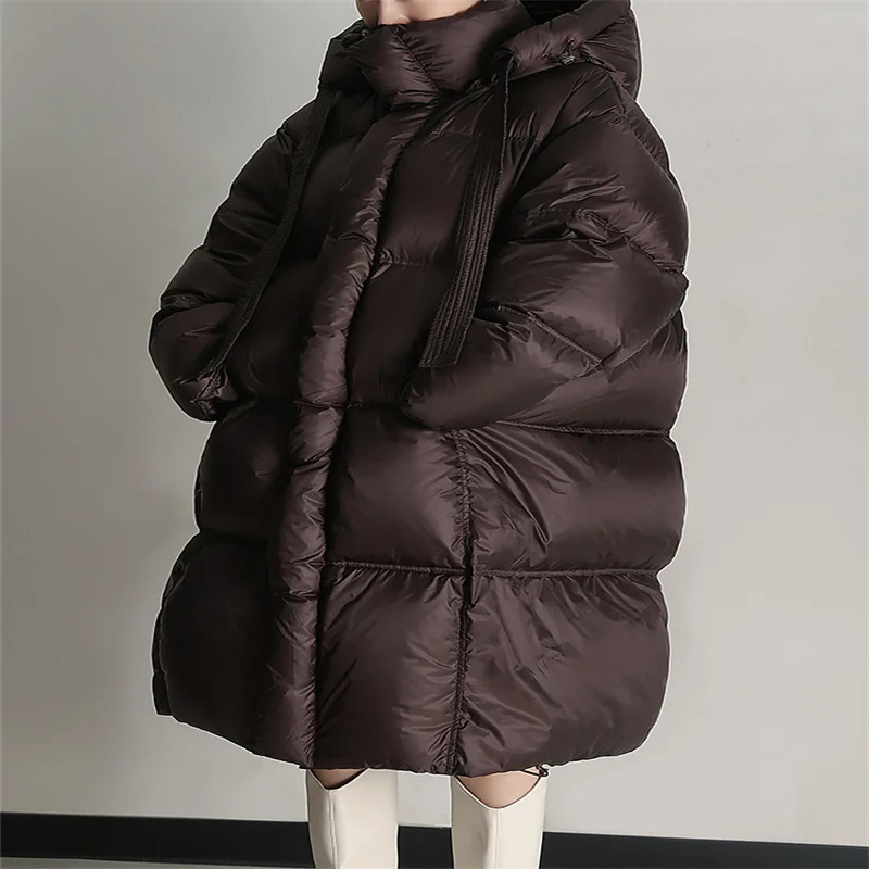 New 90 White Duck Down Thick Hooded Medium Length Women's Down Coat Warm Small Sun Loose Down Coat C93