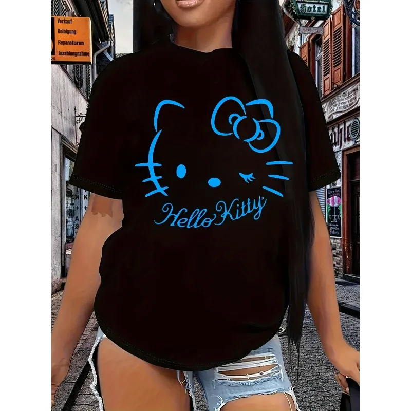 

Sanrio Hello Kitty женская футболка с принтом котенка и кота, дизайн лица котенка, удобная повседневная футболка с круглым вырезом и короткими рукавами