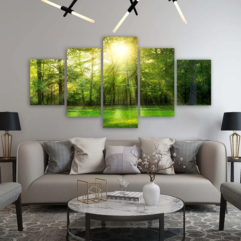 5 Panels Forest Tree Sunshine Posters Canvas Painting Natural Landscape Home Decoration Wall Picture for Living Room NO FRAME