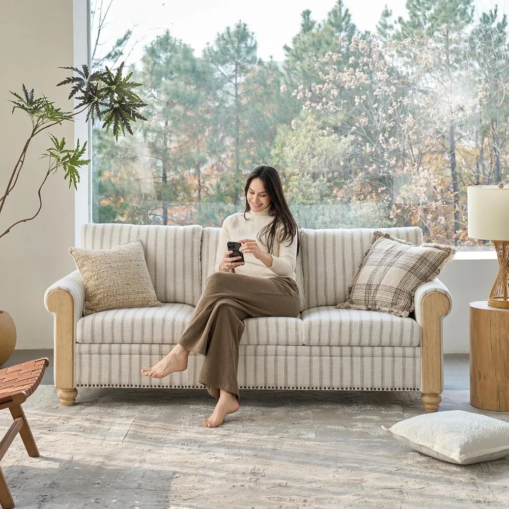 

3-Seater Couch, Stripe 81" Mid-Century Modern Upholstered Sofa with Armrests, Stripe Couches for Living Room, Bedroom, Office