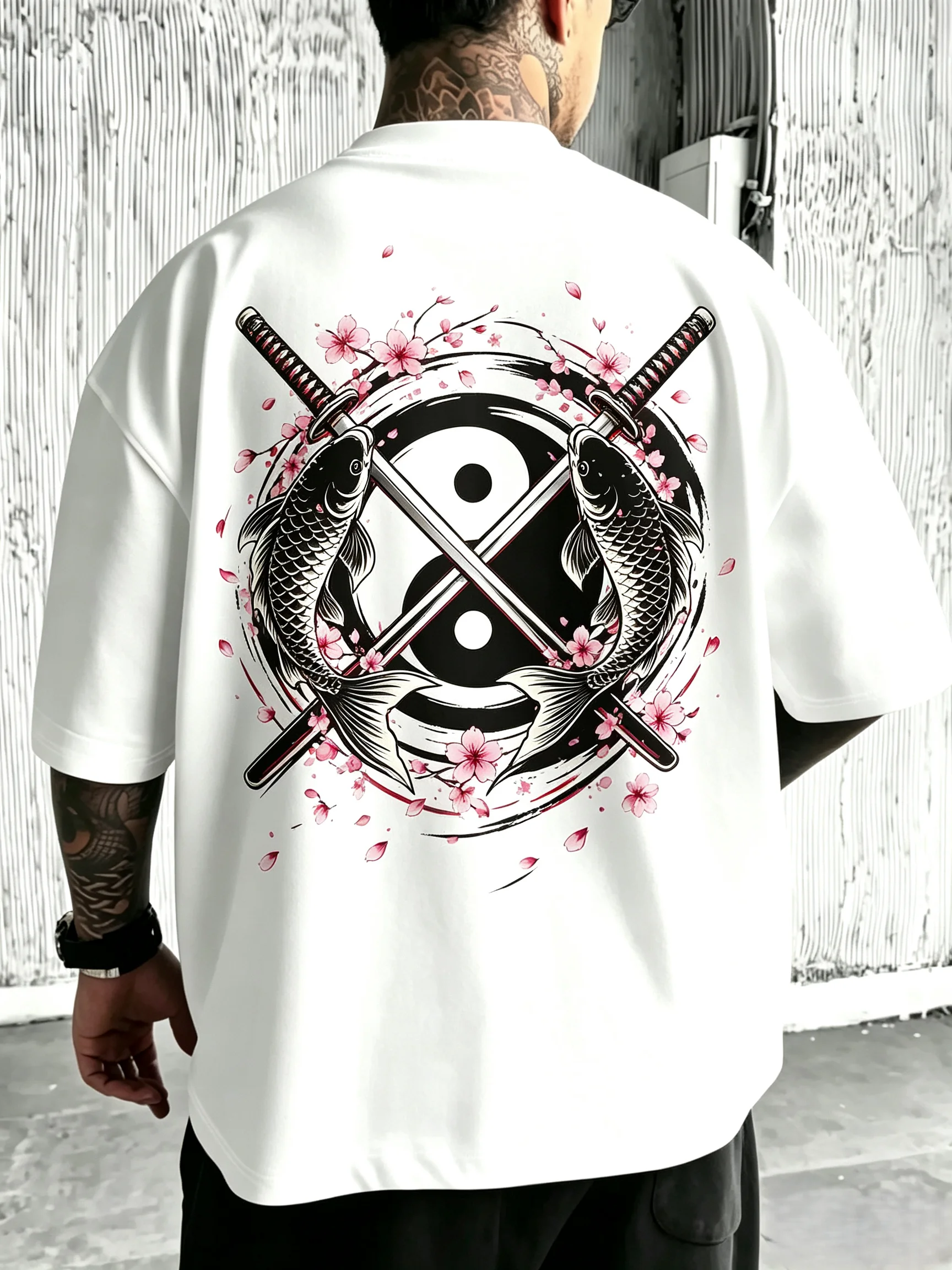 Unisex Twin Koi Fish Katana Yin Yang Sakura T-Shirt Men Women Oriental Tattoo Back Print Tee Harajuku Oversized Loose Streetwear Short Sleeve Tops