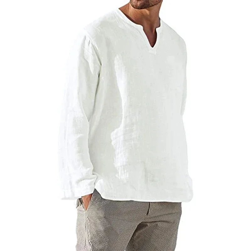 2026 Linen Shirt Men Brief Breathable Solid Color Long Sleeve Harajuku Casual Blouse Hawaiian Shirt Oversize Tops S-5XL