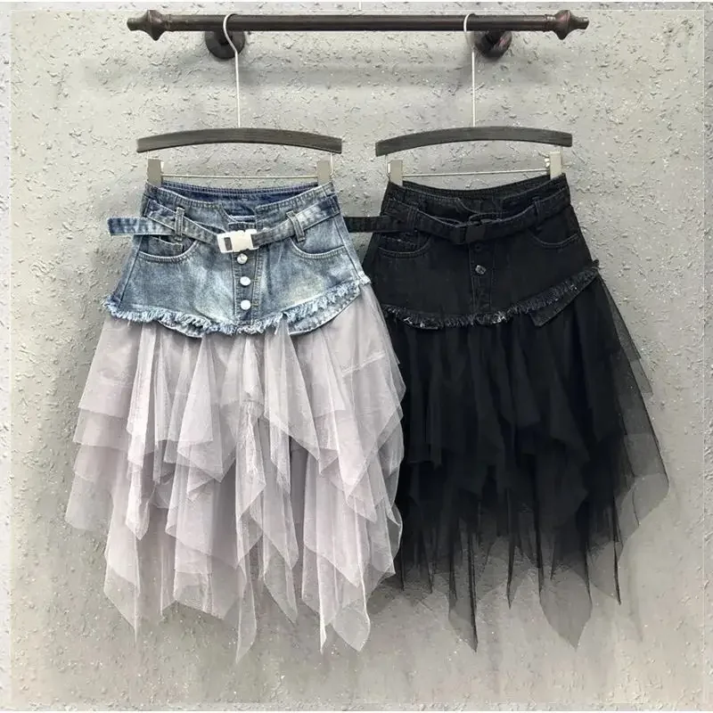 2025 Jesień Nowa Moda Damska Siatka Splicing Denim Spódnice Wysoka Talia A-line Nieregularna Długa Spódnica Moda Damska