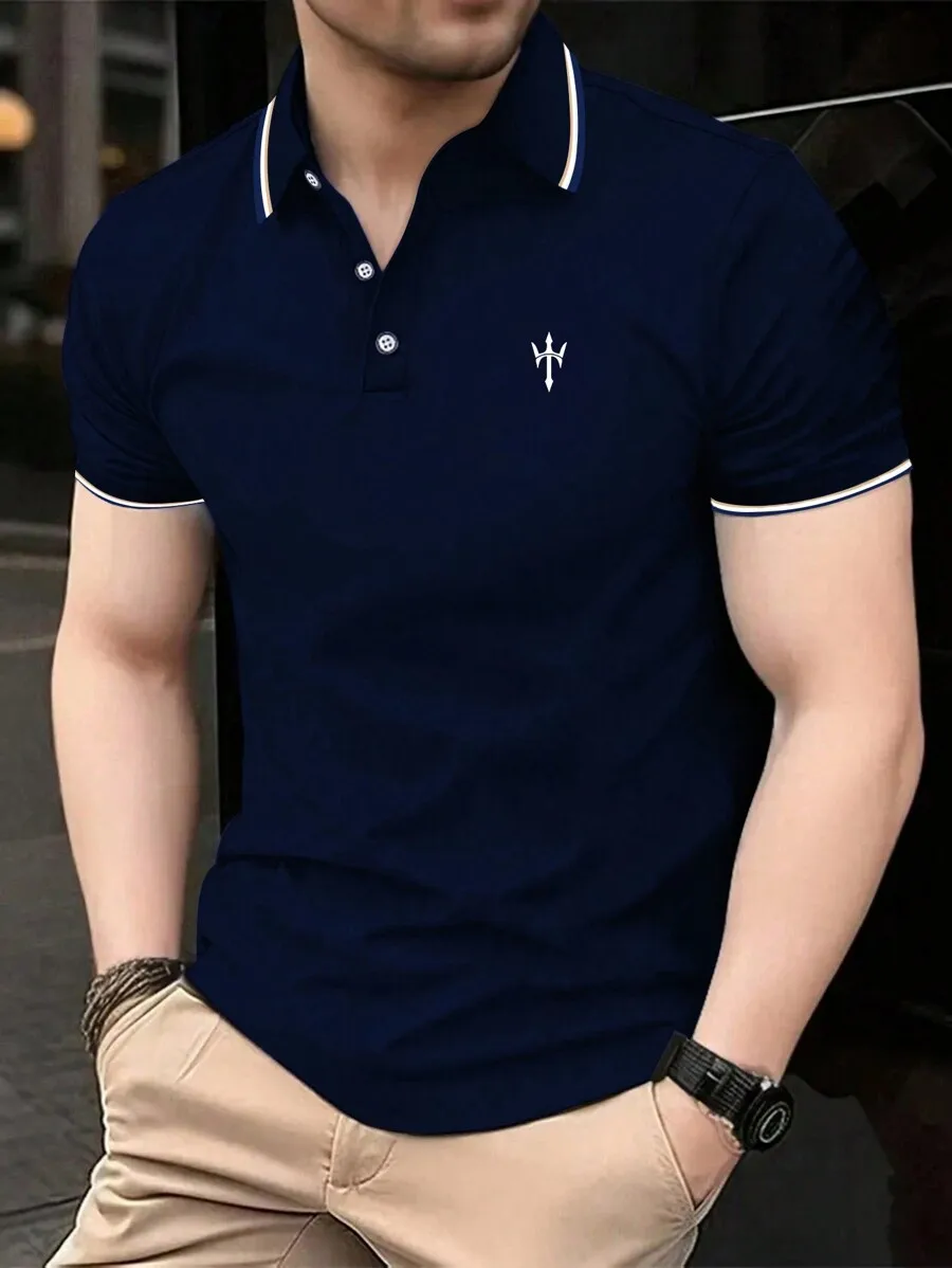 Navy Blue Men's Short Sleeve Polo Shirt with Contrast Trim and Embroidered Logo